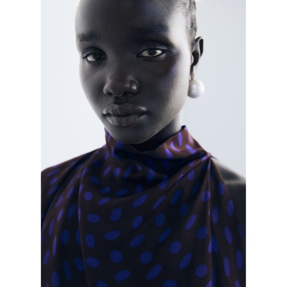 NEW Mango Polka-dot blouse with draped collar BROWN SIZE L-8/100% AUTHENTIC - Picture 5 of 9